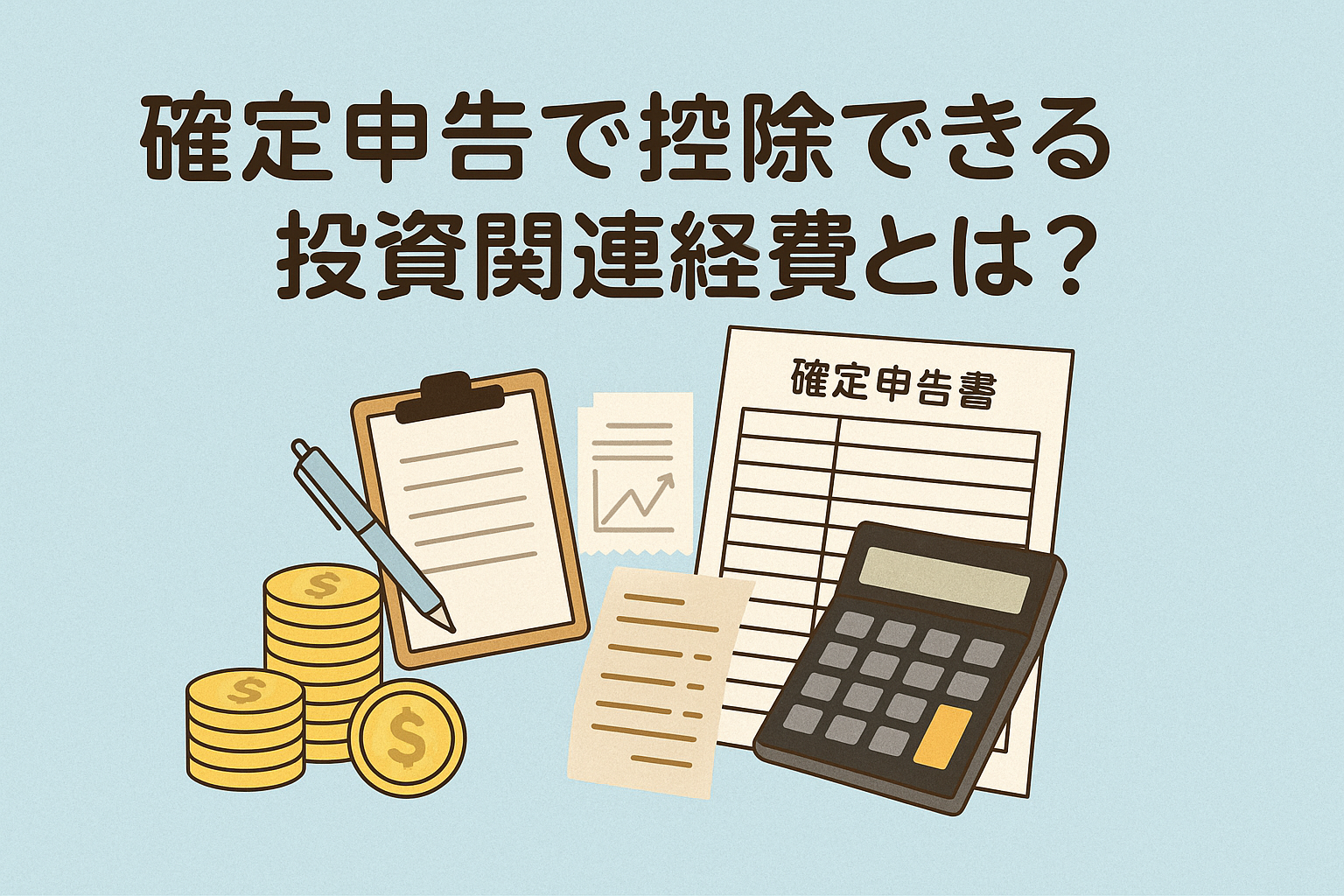 確定申告で控除できる投資関連経費をテーマにしたイラスト。確定申告書、電卓、コイン、領収書、メモなどを配置したデザイン。