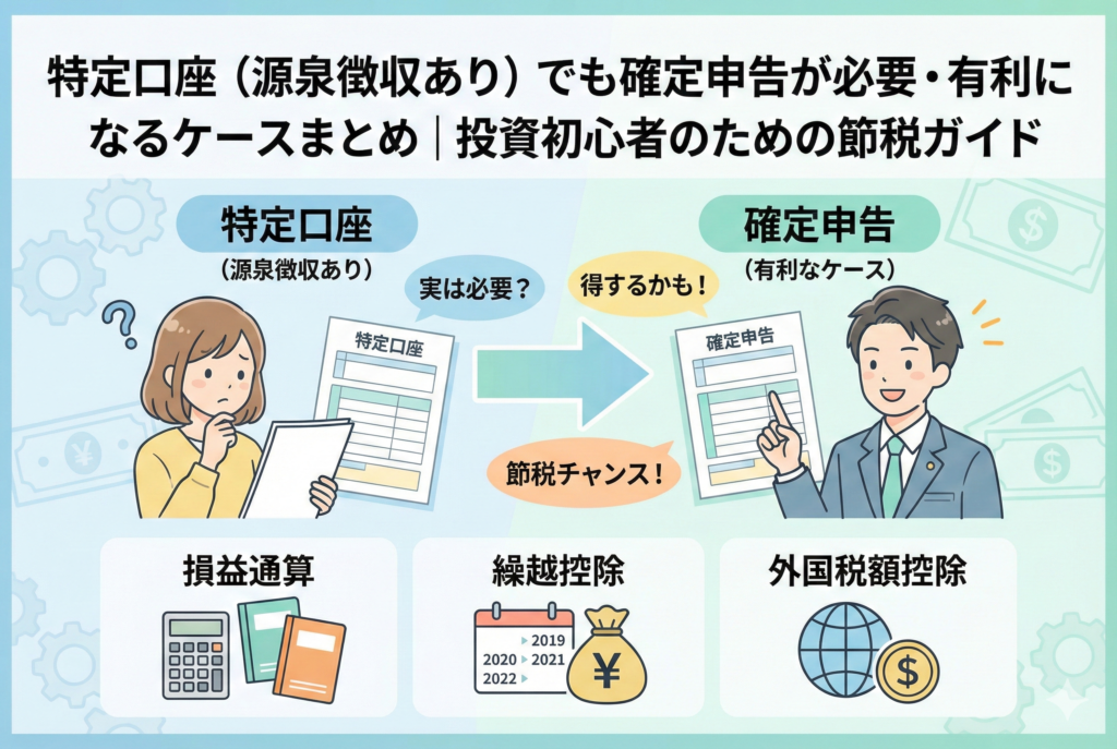 特定口座(源泉徴収あり)でも確定申告が必要・有利になるケースを解説するアイキャッチ画像。「特定口座」の書類を見て迷う女性と、「確定申告」を勧める専門家のイラストの間に矢印があり、「実は必要?」「得するかも!」「節税チャンス!」というテキストが添えられている。下部には「損益通算」「繰越控除」「外国税額控除」という3つの具体的な節税メリットを示すアイコンとテキストが並んでいる。