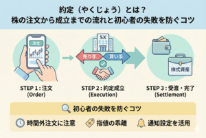 「約定（やくじょう）」の仕組みを、注文・約定成立・受渡の3ステップで分かりやすく解説したインフォグラフィック。スマホでの操作から、売り手と買い手の条件が合致して握手を交わす様子、最終的な資産反映までの流れを視覚化している。