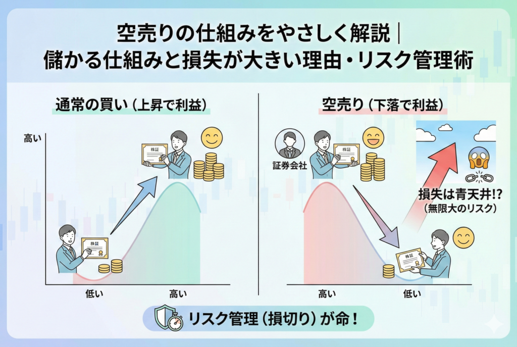 通常の買い（価格上昇で利益）と空売り（価格下落で利益）の仕組みを比較したインフォグラフィック。証券会社から株を借りて売り、安く買い戻すプロセスを図解。株価上昇時の損失が青天井になるリスクと、損切りの重要性を視覚的に強調している。