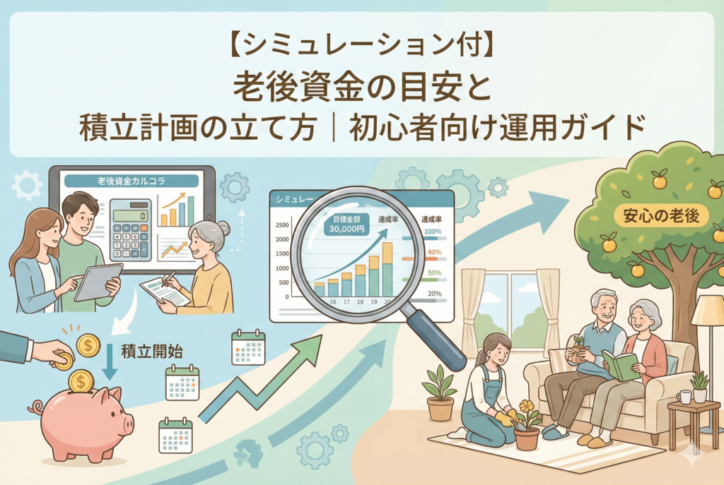「【シミュレーション付】老後資金の目安と積立計画の立て方|初心者向け運用ガイド」というタイトルのアイキャッチ画像。左側でシミュレーションを行う夫婦、中央で右肩上がりに成長する積立グラフと貯金箱、右側で実り豊かな樹のそばで穏やかに過ごす老夫婦の姿を描いた、ストーリー性のある清潔な図解イラスト。