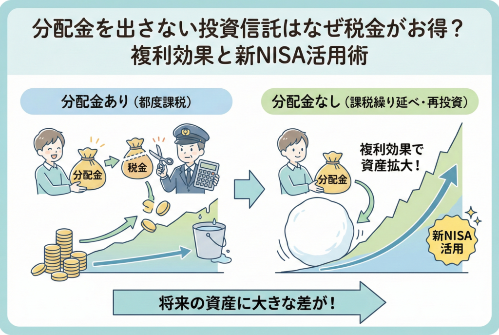投資信託の「分配金あり」と「分配金なし」による運用効率の差を比較したイラスト。左側では分配金が出るたびに税金が差し引かれ、資産の成長（雪だるま）が抑制される様子を、右側では分配金を出さずに「課税繰り延べ」と「再投資」を行うことで複利効果が最大化し、雪だるまが大きく成長する様子を描いている。下部には「将来の資産に大きな差が！」というメッセージが添えられている。
