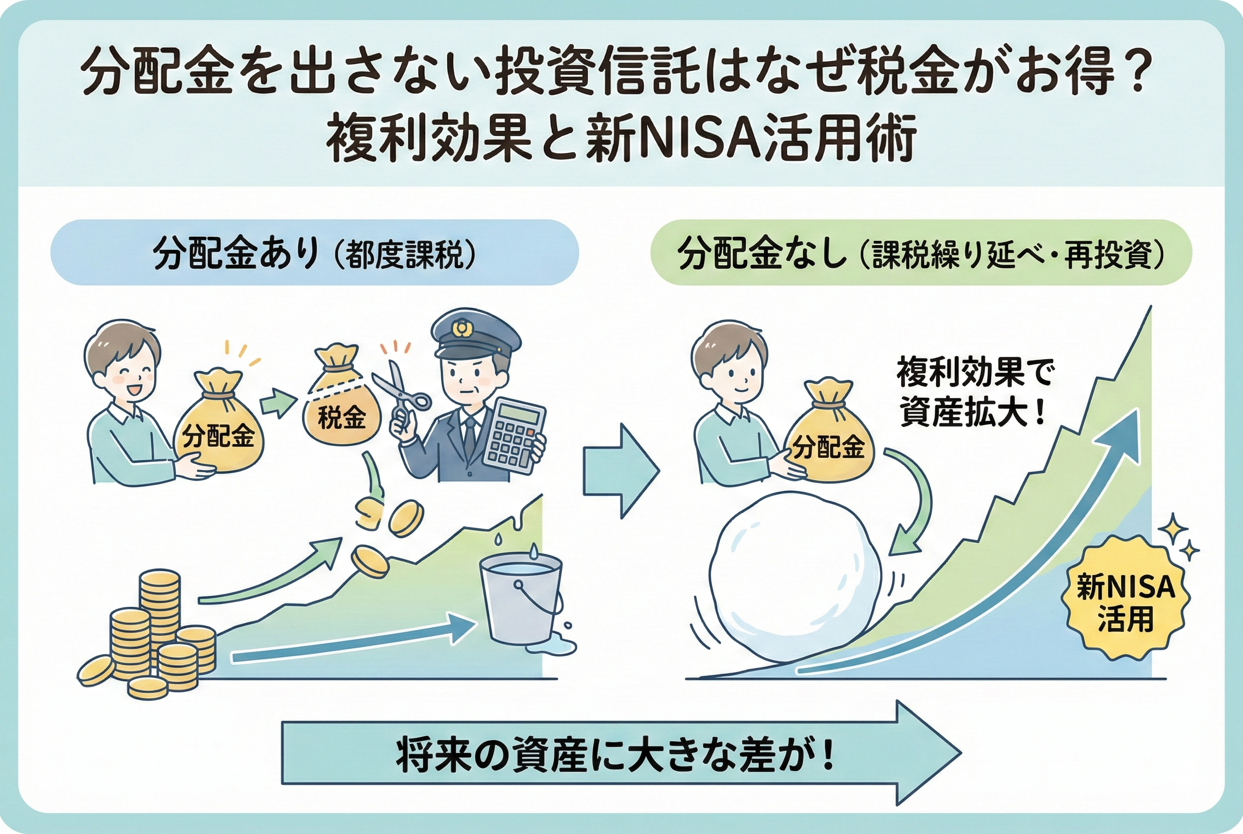 投資信託の「分配金あり」と「分配金なし」による運用効率の差を比較したイラスト。左側では分配金が出るたびに税金が差し引かれ、資産の成長(雪だるま)が抑制される様子を、右側では分配金を出さずに「課税繰り延べ」と「再投資」を行うことで複利効果が最大化し、雪だるまが大きく成長する様子を描いている。下部には「将来の資産に大きな差が!」というメッセージが添えられている。