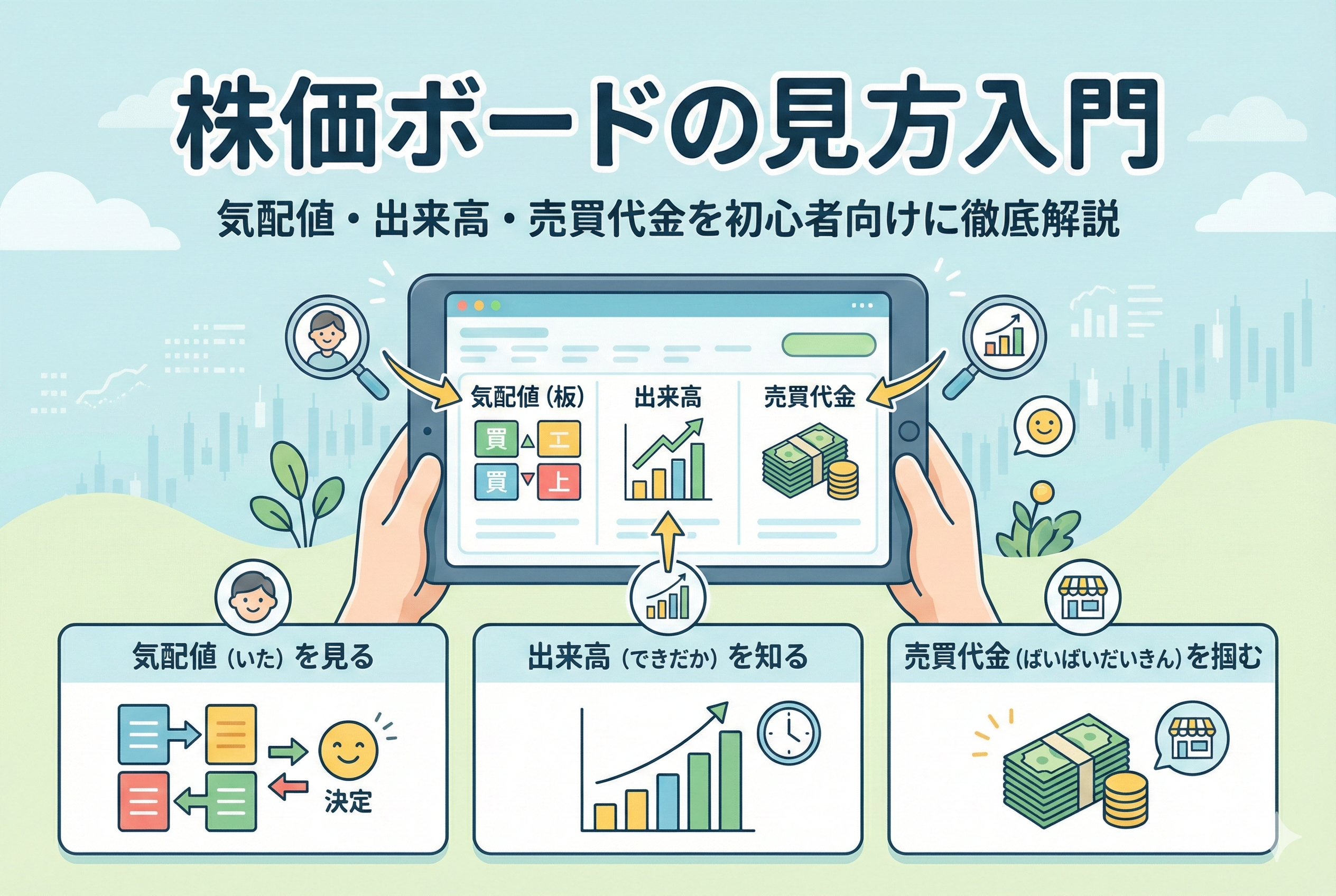 「株価ボードの見方入門」というタイトルが入った、初心者向けの親しみやすいアイキャッチ画像。タブレットを手に持ち、気配値（板）、出来高、売買代金の3つの指標をイラストと図解で分かりやすく解説している様子。