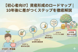 「【初心者向け】資産形成のロードマップ｜10年後に差がつくステップを徹底解説」というタイトルが入ったアイキャッチ画像。準備編から始まり、新NISA活用、全世界分散投資、複利の魔法、リバランスと継続といった各ステップが一本の道の上にアイコンで示され、その先に幸せな家族と豊かな未来が描かれた、親しみやすく清潔感のあるイラスト。