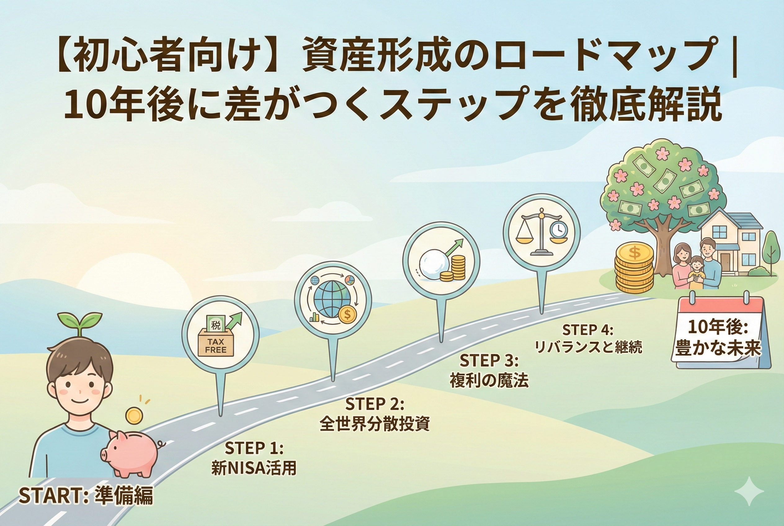 「【初心者向け】資産形成のロードマップ｜10年後に差がつくステップを徹底解説」というタイトルが入ったアイキャッチ画像。準備編から始まり、新NISA活用、全世界分散投資、複利の魔法、リバランスと継続といった各ステップが一本の道の上にアイコンで示され、その先に幸せな家族と豊かな未来が描かれた、親しみやすく清潔感のあるイラスト。
