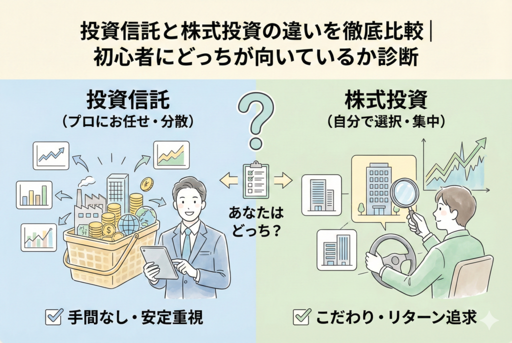 投資信託と株式投資の違いを対比させたインフォグラフィック。「手間なし・安定重視」でプロに任せる投資信託(左)と、「こだわり・リターン追求」で自ら銘柄を選ぶ株式投資(右)のイメージを、バスケットと車のハンドルのイラストで表現しています。中央には「あなたはどっち?」という診断を促すテキストが入っています。