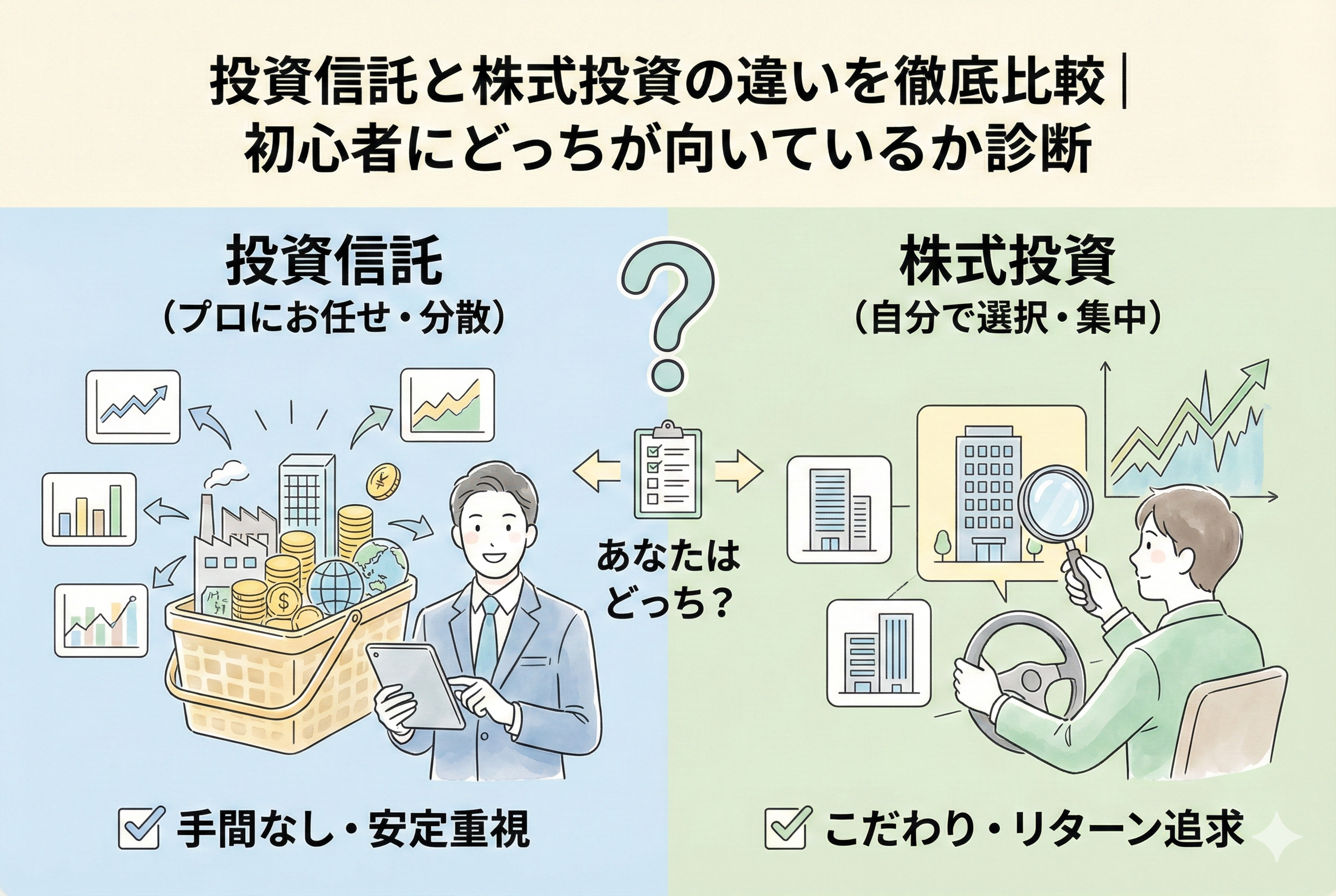 投資信託と株式投資の違いを対比させたインフォグラフィック。「手間なし・安定重視」でプロに任せる投資信託（左）と、「こだわり・リターン追求」で自ら銘柄を選ぶ株式投資（右）のイメージを、バスケットと車のハンドルのイラストで表現しています。中央には「あなたはどっち？」という診断を促すテキストが入っています。