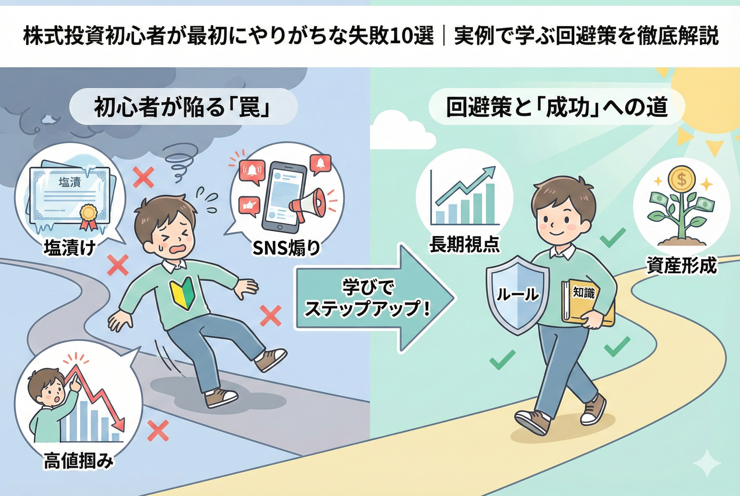 株式投資の初心者が陥りやすい失敗と、成功への道を対比したインフォグラフィック。左側には「塩漬け」「SNS煽り」「高値掴み」という罠に戸惑う初心者の姿、右側には「ルール」という盾と「知識」の本を携え、「長期視点」で着実に資産を育てる投資家の姿が描かれています。学びを通じて失敗を回避し、ステップアップしていく過程を表現した清潔感のあるデザインです。
