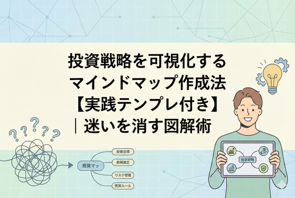 「投資戦略を可視化するマインドマップ作成法【実践テンプレ付き】|迷いを消す図解術」というタイトルが入ったアイキャッチ画像。左側には絡まった思考が整理されてマインドマップに変わる様子、右側にはタブレットで投資戦略を確認し、自信を持って微笑む投資家のイラスト。