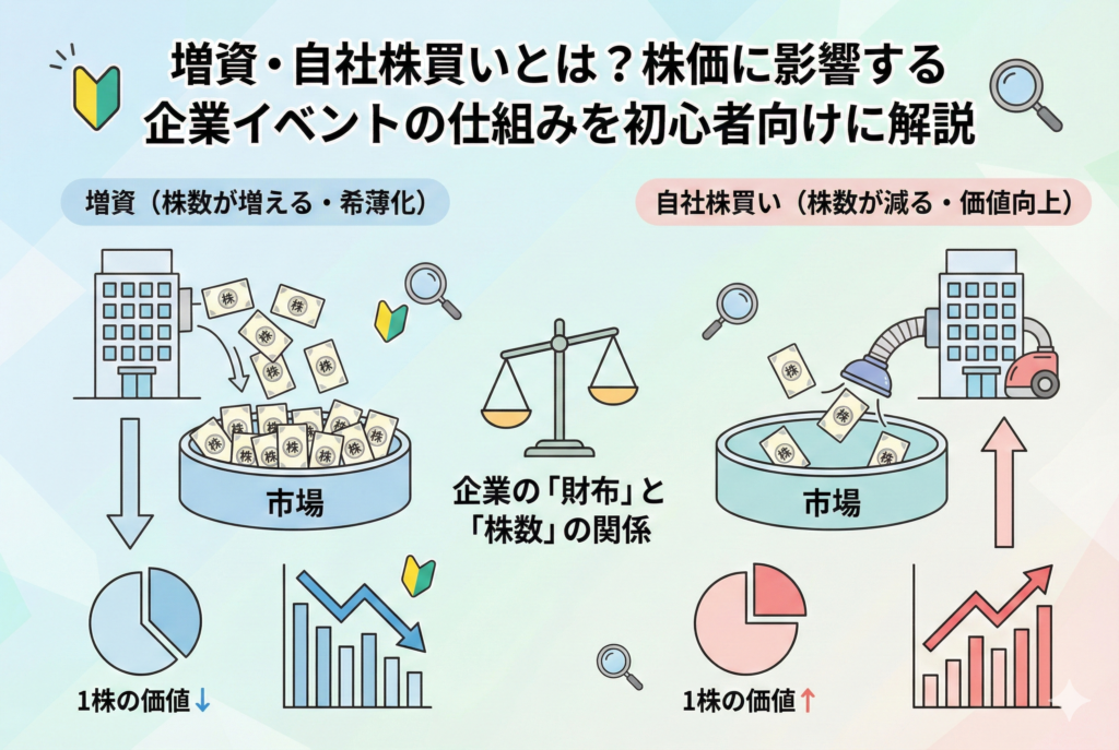 「増資」によって企業が市場に新しい株を供給し1株の価値が薄まる（希薄化）様子と、「自社株買い」によって企業が市場から株を回収し1株の価値が高まる様子を対比させた図解イラスト。それぞれの株価チャートの動きやパイチャートでの価値の変化を視覚的に表現しています。