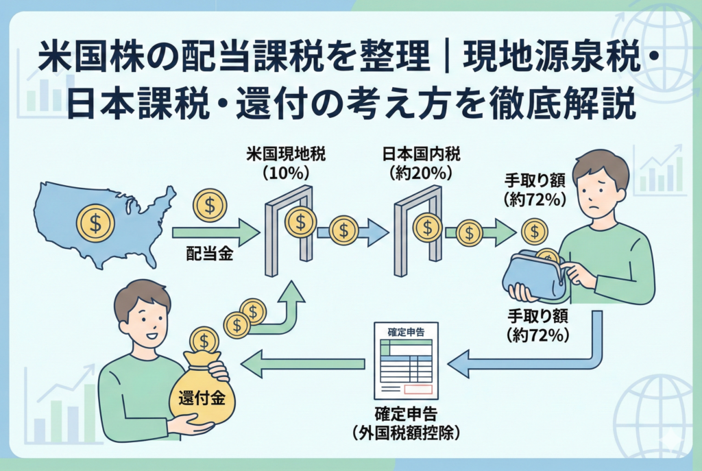 米国株の配当金が「米国現地税10%」と「日本国内税約20%」の2段階で課税され、手取り額が約72%まで目減りする仕組みを図解したアイキャッチ画像。下部には、確定申告(外国税額控除)を行うことで払いすぎた税金を還付金として取り戻す流れが描かれています。