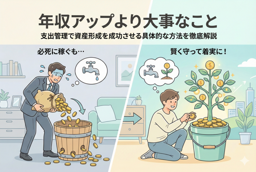 「年収アップより大事なこと」という見出しの下、左側には「必死に稼ぐも…」と題し、穴の空いたバケツにお金を注ぎ続けて浪費するスーツ姿の男性のイラスト。右側には「賢く守って着実に！」と題し、支出を管理してバケツから生えた資産の木を育てる笑顔の男性のイラスト。稼ぐ力よりも支出をコントロールする力が資産形成において重要であることを対比させている。