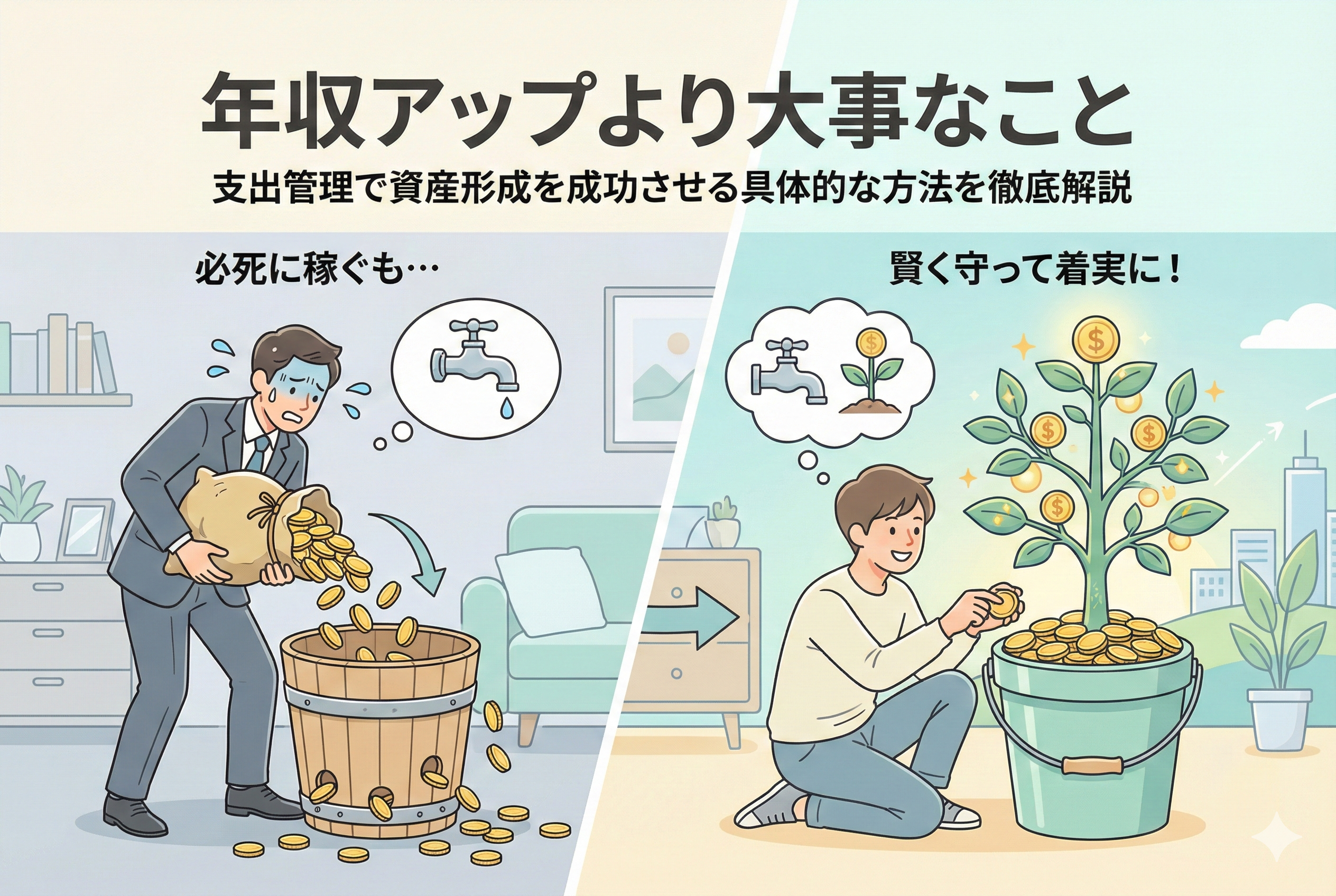 「年収アップより大事なこと」という見出しの下、左側には「必死に稼ぐも…」と題し、穴の空いたバケツにお金を注ぎ続けて浪費するスーツ姿の男性のイラスト。右側には「賢く守って着実に！」と題し、支出を管理してバケツから生えた資産の木を育てる笑顔の男性のイラスト。稼ぐ力よりも支出をコントロールする力が資産形成において重要であることを対比させている。