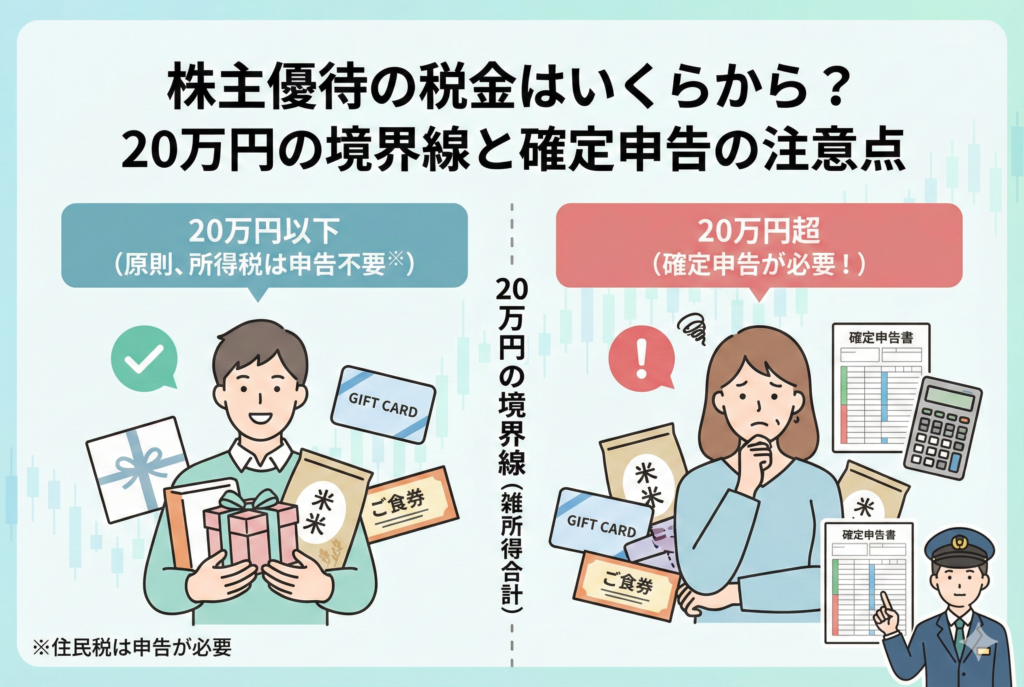 株主優待の税金について、雑所得の合計が「年間20万円」を境に確定申告の要・不要が分かれることを解説した図解イラスト。左側では「20万円以下（原則、所得税は申告不要）」として、笑顔で米やギフトカードなどの優待品を持つ男性が描かれ、「※住民税は申告が必要」との注釈がある。中央に「20万円の境界線（雑所得合計）」のラインがあり、右側では「20万円超（確定申告が必要！）」として、大量の優待品と確定申告書、電卓の前で困った顔をする女性と、注意を促す税務署職員が描かれている。