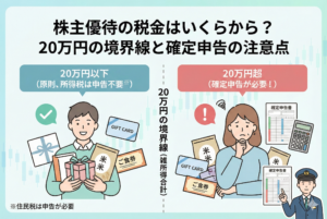 株主優待の税金について、雑所得の合計が「年間20万円」を境に確定申告の要・不要が分かれることを解説した図解イラスト。左側では「20万円以下（原則、所得税は申告不要）」として、笑顔で米やギフトカードなどの優待品を持つ男性が描かれ、「※住民税は申告が必要」との注釈がある。中央に「20万円の境界線（雑所得合計）」のラインがあり、右側では「20万円超（確定申告が必要！）」として、大量の優待品と確定申告書、電卓の前で困った顔をする女性と、注意を促す税務署職員が描かれている。