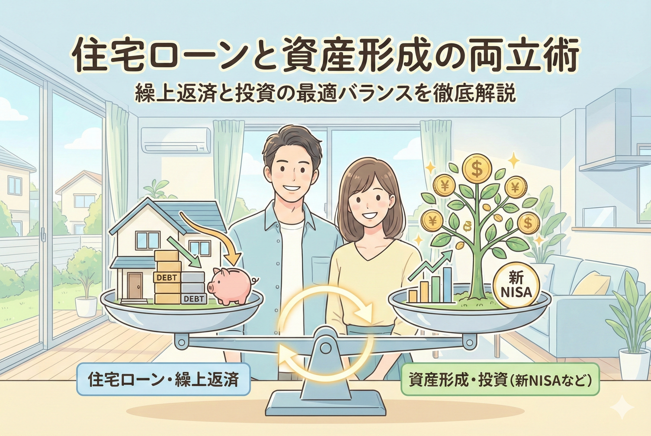 「住宅ローンと資産形成の両立術」という見出しと共に、天秤の左側に住宅の模型と繰上返済のイメージ、右側に新NISAのロゴと大きく育つ資産の木を乗せ、笑顔の夫婦が最適なバランスを検討しているイラスト。