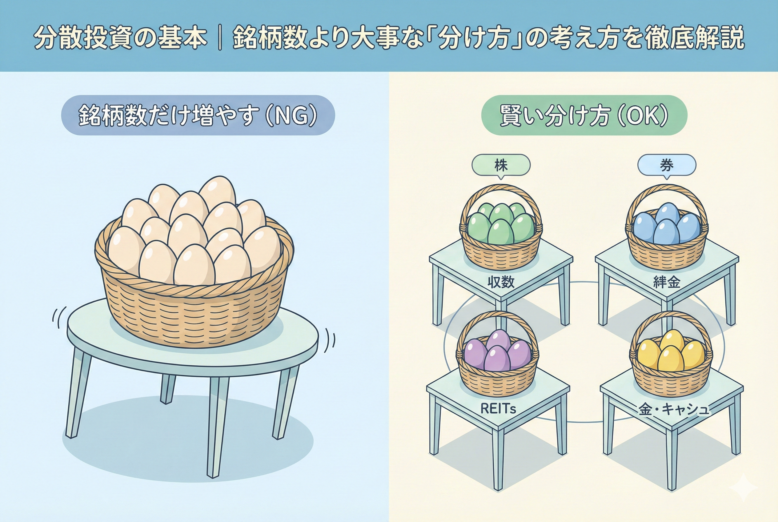分散投資の基本を図解したインフォグラフィック。左側の「銘柄数だけ増やす(NG)」では、大量の白い卵が一つの大きなカゴに入り、一つのぐらつくテーブルに乗っている。右側の「賢い分け方(OK)」では、緑の卵(株)、青の卵(債券)、紫の卵(REITs)、黄色の卵(金・キャッシュ)がそれぞれ別々のカゴに入り、4つの独立した安定したテーブルに乗っている。銘柄数ではなく資産クラスを分ける重要性を対比して表現。