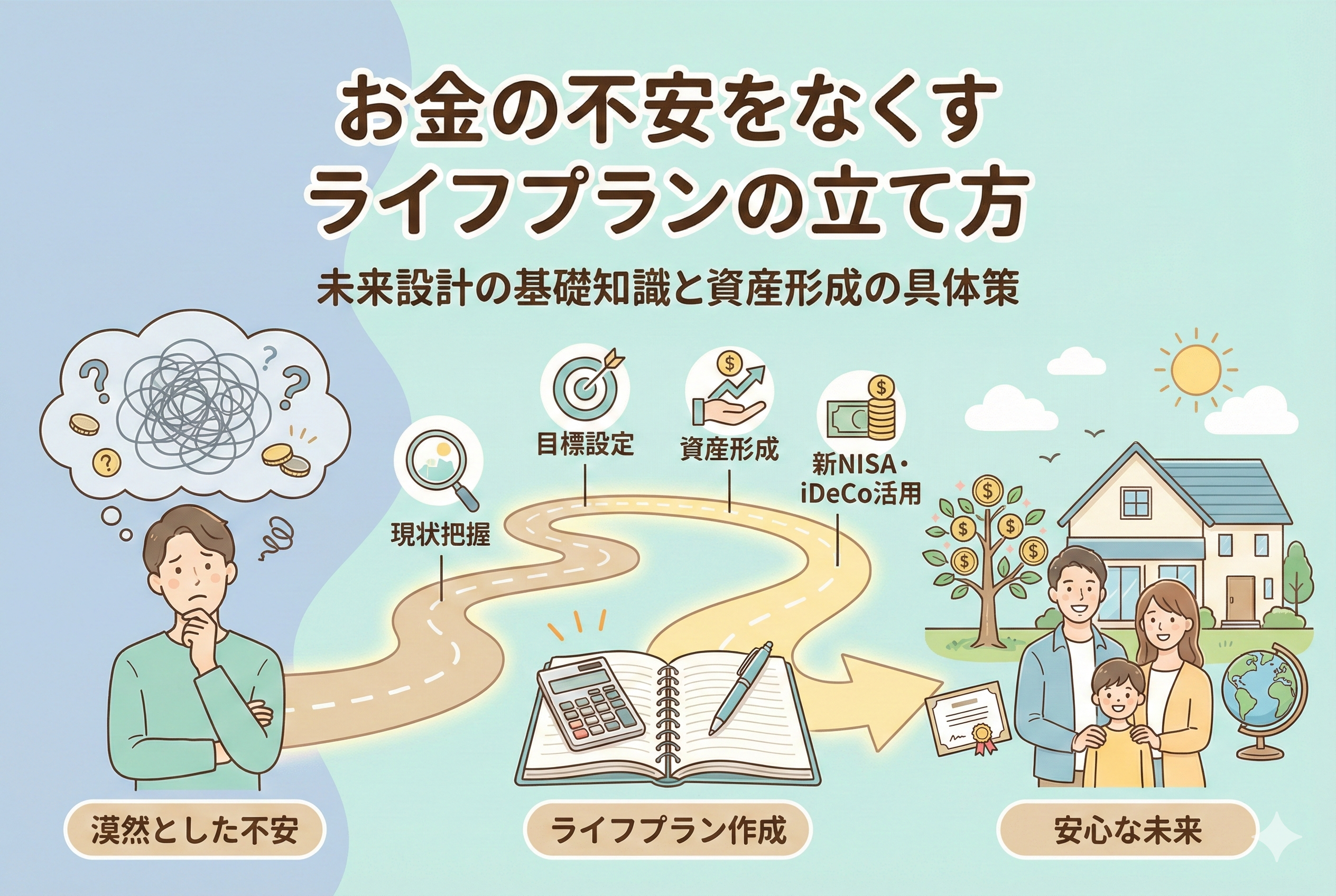 「お金の不安をなくすライフプランの立て方」という見出しと共に、漠然とした不安を抱える男性が、現状把握や目標設定、新NISA・iDeCo活用といったステップを経て、安心な未来の家族へと続く道を描いたイラスト。中央にはライフプラン作成のためのノートとペン、電卓が置かれている。