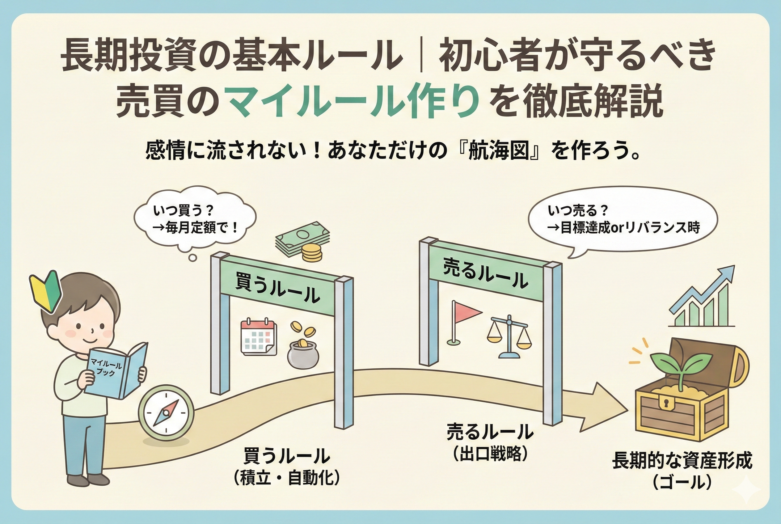 長期投資の成功ルートを視覚化したインフォグラフィック。マイルールブックを手にした投資家が、コンパスに従いながら「買うルール(積立・自動化)」と「売るルール(出口戦略)」の2つのゲートを通り、最終ゴールである「長期的な資産形成」へと至る道のりを描いた、清潔感のあるデザイン。
