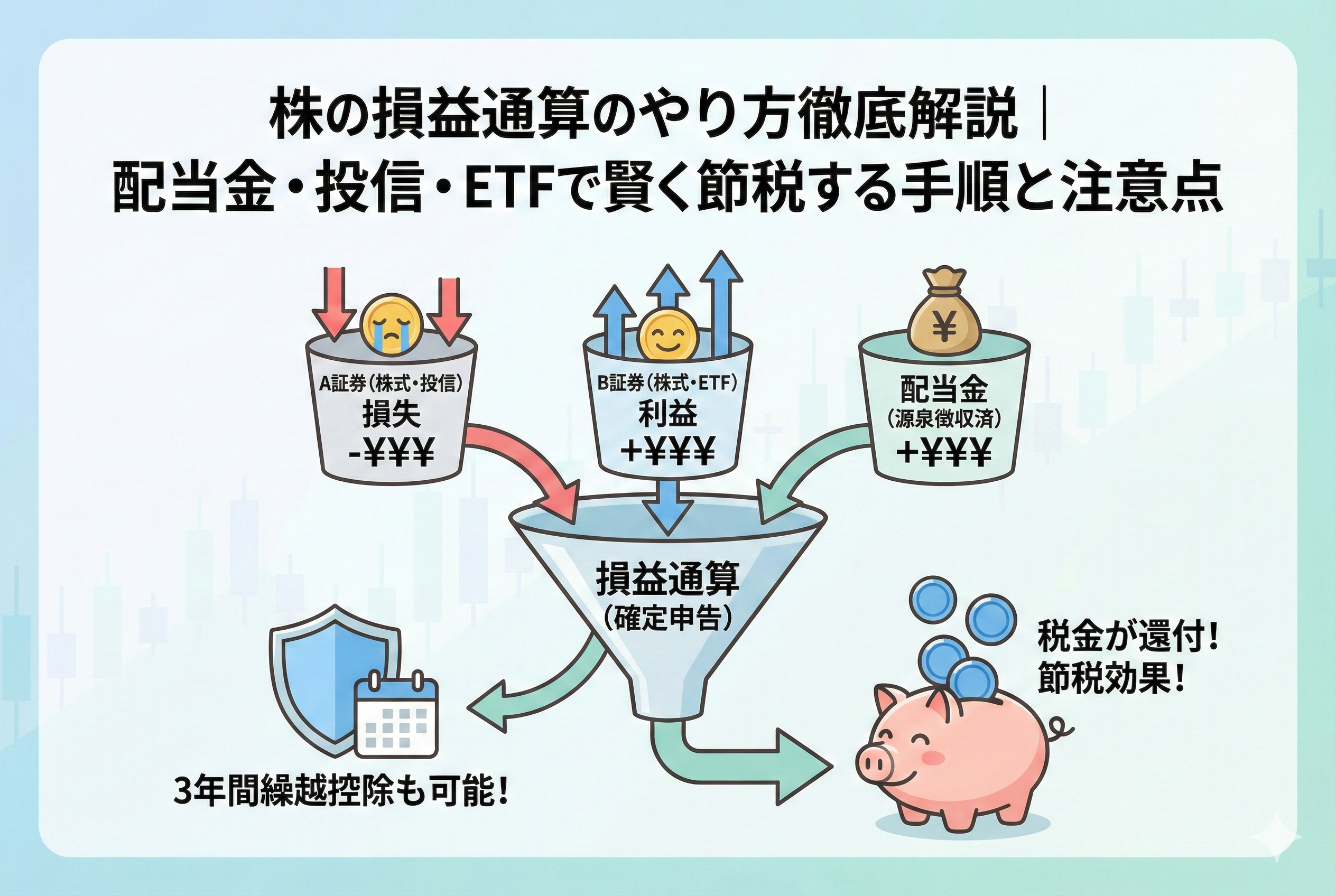 株の損益通算の仕組みを図解したイラスト。A証券の「損失」、B証券の「利益」、そして「配当金」が中央の「損益通算(確定申告)」という漏斗(じょうご)に集まり、その結果として「税金が還付」され、笑顔の貯金箱にお金が貯まる様子を描いている。また、漏斗から派生して「3年間繰越控除も可能!」というメッセージと、カレンダー・盾のアイコンが添えられている。
