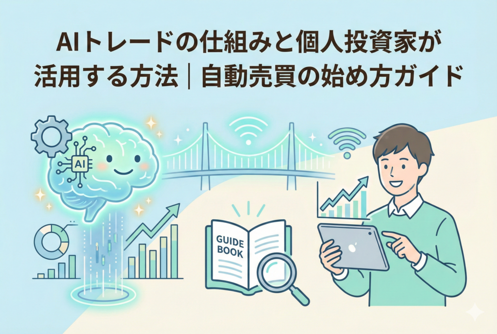 AIトレードの仕組みと個人投資家が活用する方法を解説するアイキャッチ画像。左側にデータを分析するAI(人工知能)の脳のアイコンと上昇チャート、右側にタブレットを見て笑顔になる投資家のイラストが描かれ、中央のガイドブックとネットワークで両者がつながっている様子を表現しています。