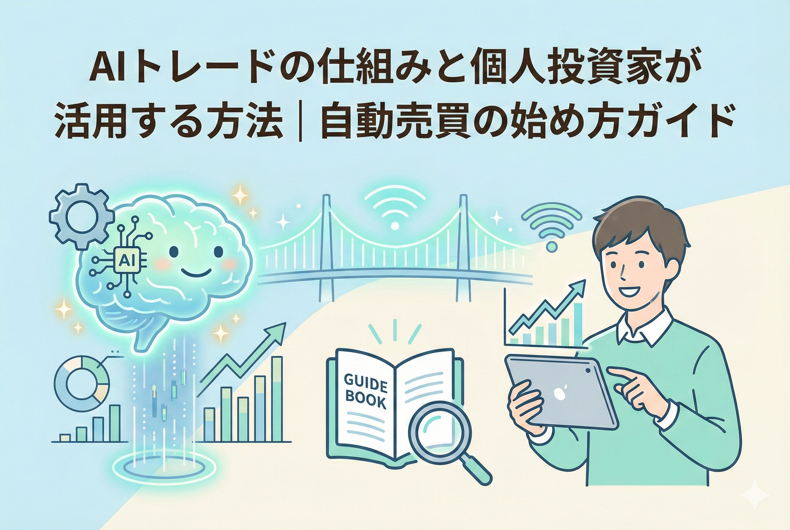 AIトレードの仕組みと個人投資家が活用する方法を解説するアイキャッチ画像。左側にデータを分析するAI（人工知能）の脳のアイコンと上昇チャート、右側にタブレットを見て笑顔になる投資家のイラストが描かれ、中央のガイドブックとネットワークで両者がつながっている様子を表現しています。
