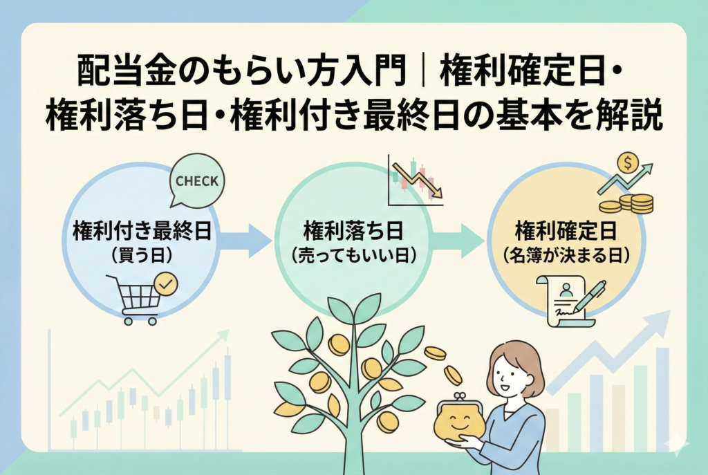 株式投資初心者のための配当金入門図解。「権利付き最終日（買う日）」「権利落ち日（売ってもいい日）」「権利確定日（名簿が決まる日）」という3つの重要な日付とスケジュールをタイムライン形式で分かりやすく解説。金のなる木からコインを受け取る女性のイラストで、配当による資産形成をイメージしています。