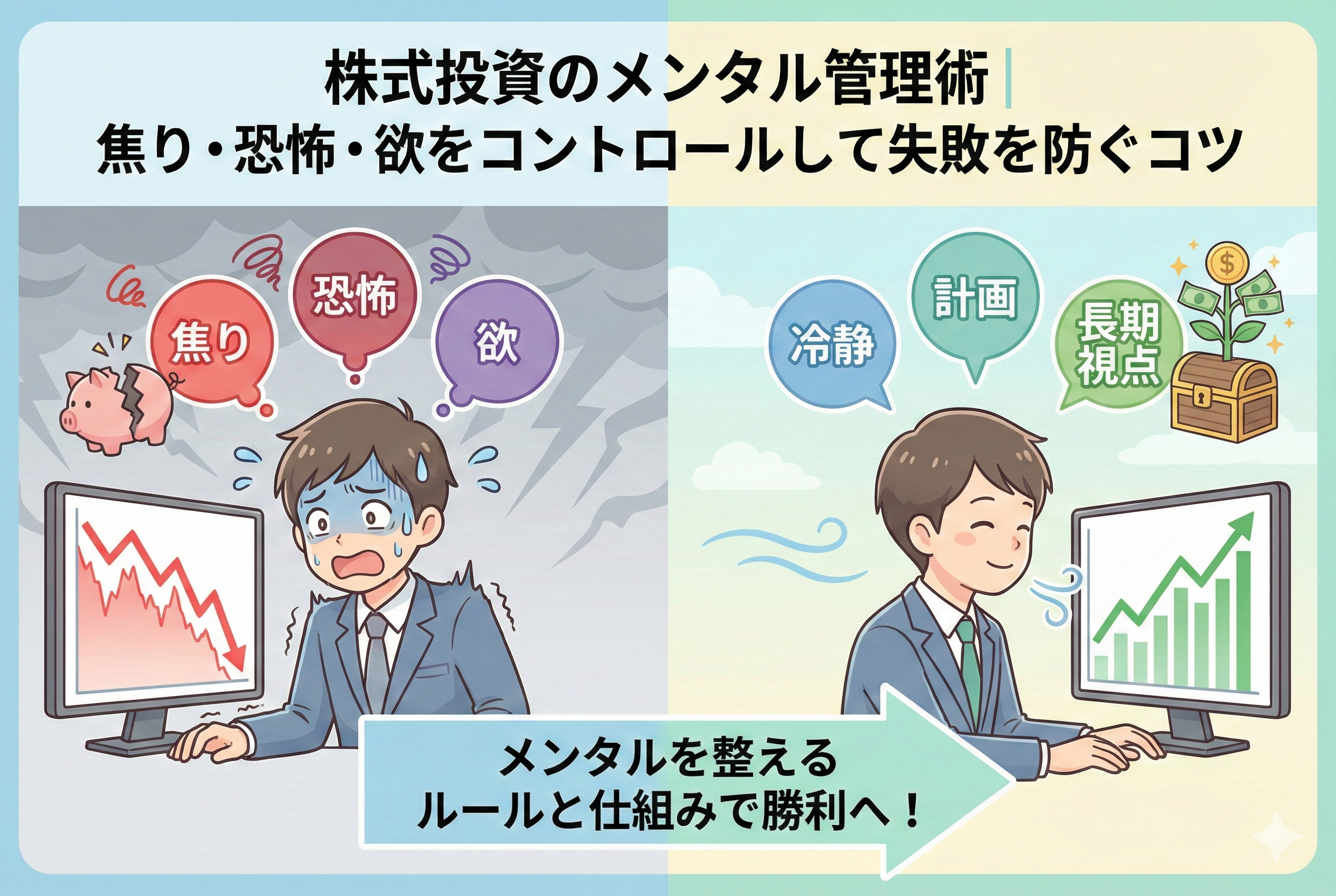 株式投資におけるメンタル管理を対比したインフォグラフィック。左側には「焦り・恐怖・欲」に支配され、暴落チャートを見てパニックになる投資家、右側には「冷静・計画・長期視点」を持ち、上昇チャートを穏やかに見守る投資家が描かれています。感情に振り回されず、ルールと仕組みでメンタルを整える重要性を視覚的に表現した清潔感のあるデザインです。