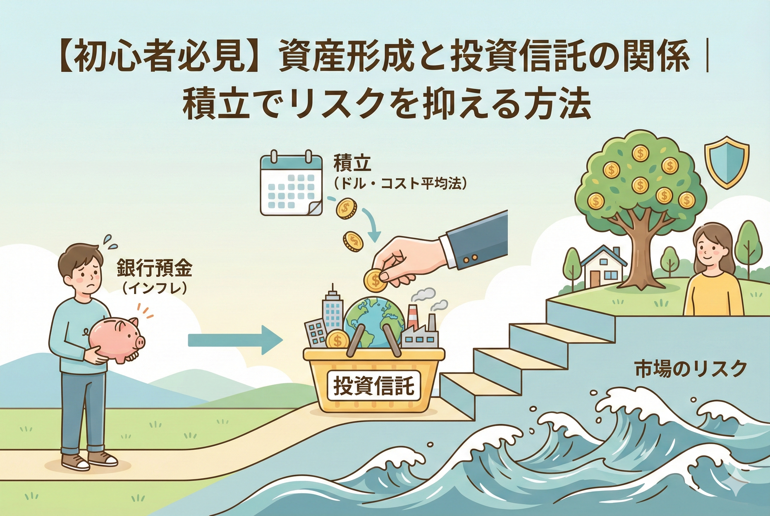 「【初心者必見】資産形成と投資信託の関係|積立でリスクを抑える方法」というタイトルのアイキャッチ画像。左側でインフレによる銀行預金の目減りに悩む男性から、中央の「世界中の資産が詰まった投資信託のバスケット」へ資金を移動させ、「積立(ドル・コスト平均法)」を行うことで、市場のリスクという荒波を越えた先の「安心できる未来」へと階段を登っていく様子を描いた図解イラスト。