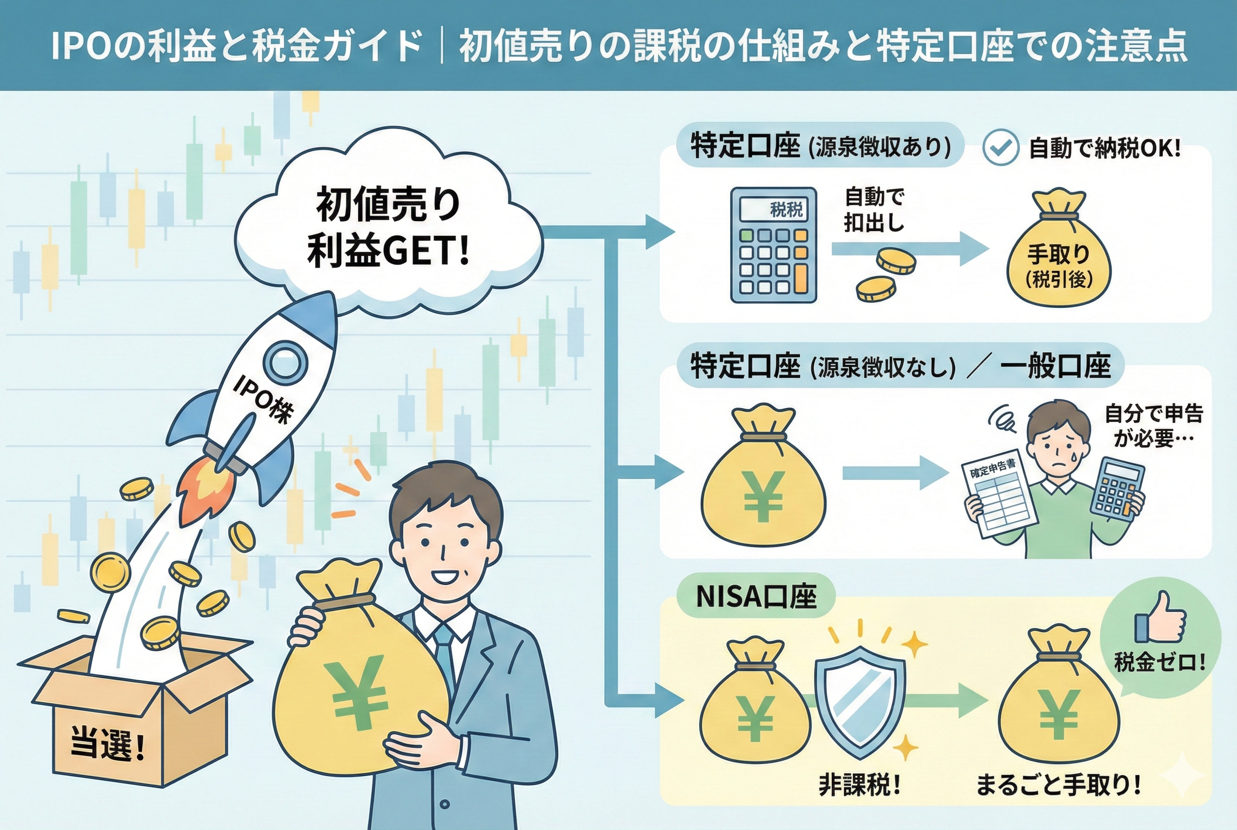 IPO(新規公開株)の初値売りで得た利益に対する課税の仕組みを、3つの口座タイプ別に解説したイラスト。左側ではロケットのように上昇するIPO株と当選を喜ぶ男性が描かれ、右側では「特定口座(源泉徴収あり):自動で納税完了」、「特定口座(源泉徴収なし)/一般口座:自分で確定申告が必要」、「NISA口座:非課税で税金ゼロ」の3つのルートと手取り額の違いを分かりやすく図解している。