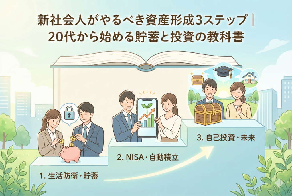 「新社会人がやるべき資産形成3ステップ|20代から始める貯蓄と投資の教科書」というタイトル。階段状のステップに沿って「1.生活防衛・貯蓄」「2.NISA・自動積立」「3.自己投資・未来」という3段階の成長プロセスを、若い男女が笑顔で取り組むイラストで表現した、清潔感のあるアイキャッチ画像。