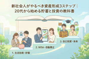 「新社会人がやるべき資産形成3ステップ｜20代から始める貯蓄と投資の教科書」というタイトル。階段状のステップに沿って「1.生活防衛・貯蓄」「2.NISA・自動積立」「3.自己投資・未来」という3段階の成長プロセスを、若い男女が笑顔で取り組むイラストで表現した、清潔感のあるアイキャッチ画像。