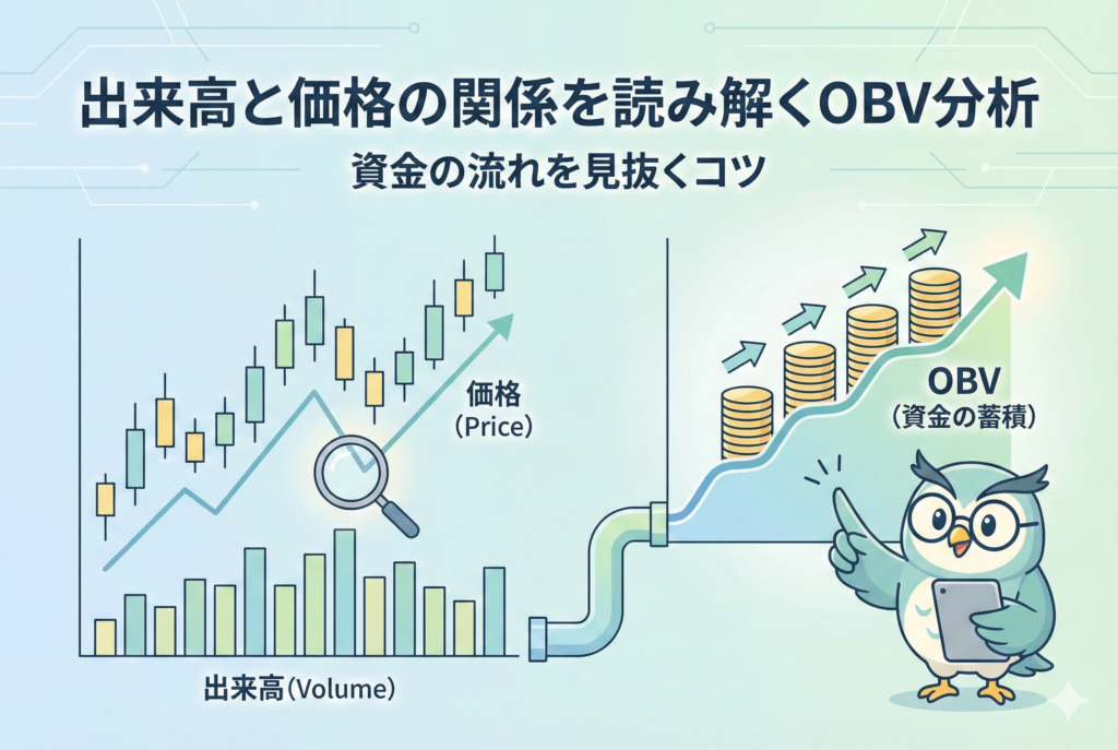 出来高と価格の関係を読み解くOBV（オン・バランス・ボリューム）分析の解説画像。ローソク足チャートと出来高グラフ、そして資金が積み上がっていくOBVの推移を、物知りなフクロウのキャラクターが図解しています。