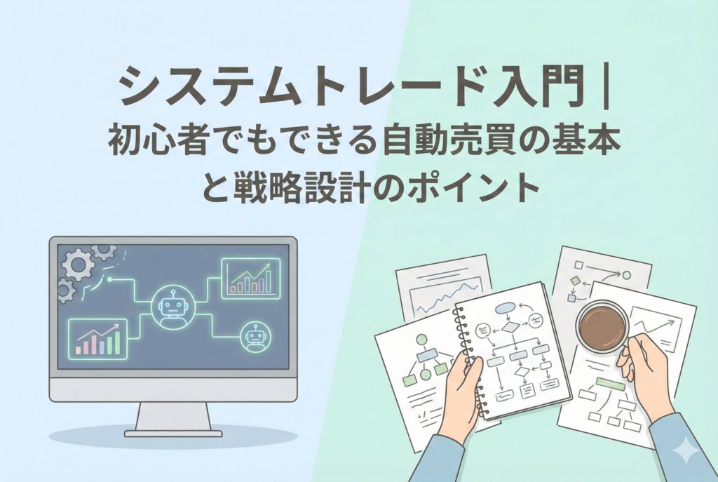 「システムトレード入門｜初心者でもできる自動売買の基本と戦略設計のポイント」というタイトルが入った、パソコンの自動売買画面と手元の戦略設計図をイメージした清潔感のあるアイキャッチ画像