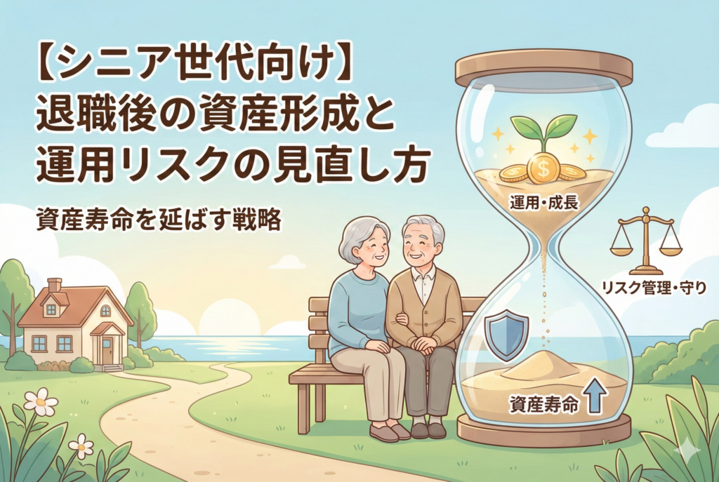 「【シニア世代向け】退職後の資産形成と運用リスクの見直し方」という見出しと共に、ベンチで微笑み合うシニア夫婦。横には資産の流れを表現した大きな砂時計があり、上部で「運用・成長」させながら、下部では盾のマークで「リスク管理・守り」を固め、「資産寿命」を延ばすイメージを描いた清潔感のあるイラスト。