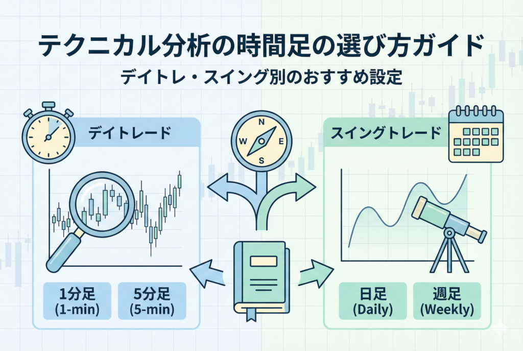 テクニカル分析における時間足の選び方を解説したアイキャッチ画像。左側は「デイトレード」向けに虫眼鏡で1分足・5分足を見る様子、右側は「スイングトレード」向けに望遠鏡で日足・週足を見る様子をイラストで対比し、中央のコンパスがスタイル別の指針であることを示しています。