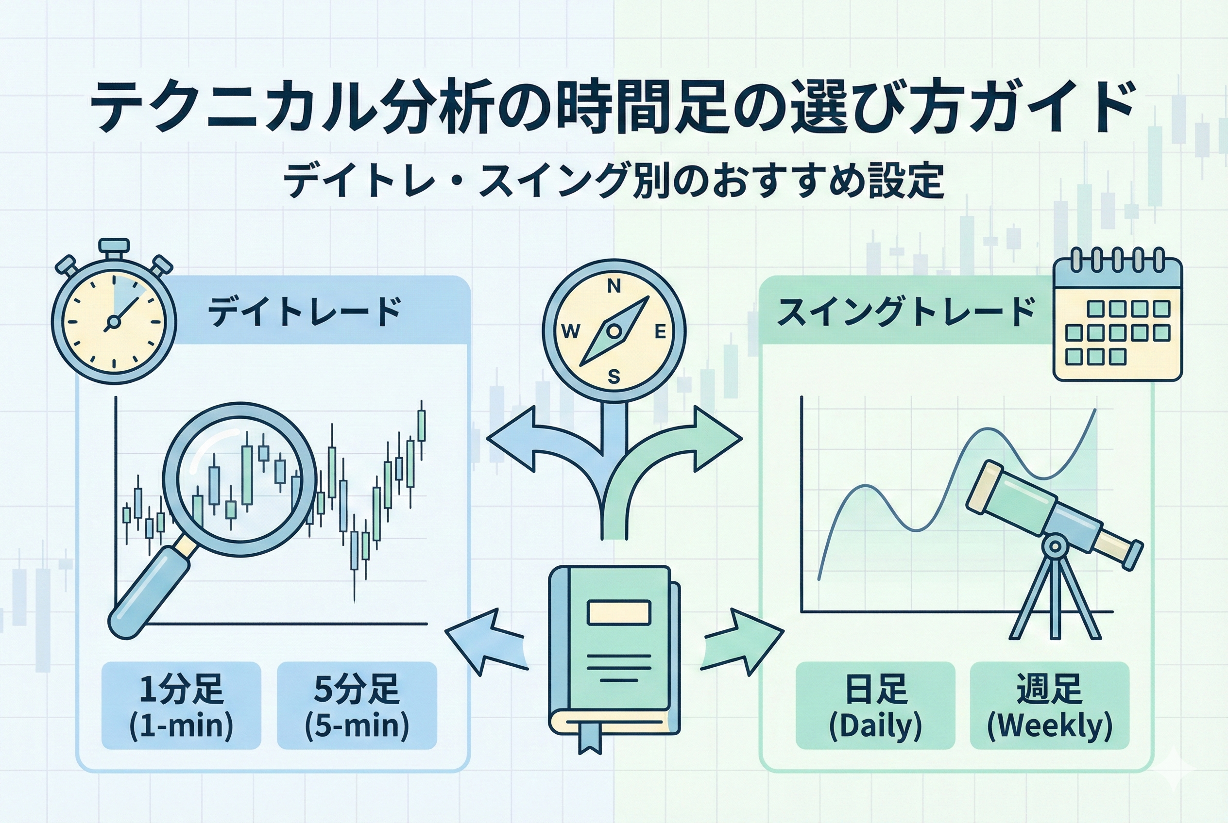テクニカル分析における時間足の選び方を解説したアイキャッチ画像。左側は「デイトレード」向けに虫眼鏡で1分足・5分足を見る様子、右側は「スイングトレード」向けに望遠鏡で日足・週足を見る様子をイラストで対比し、中央のコンパスがスタイル別の指針であることを示しています。