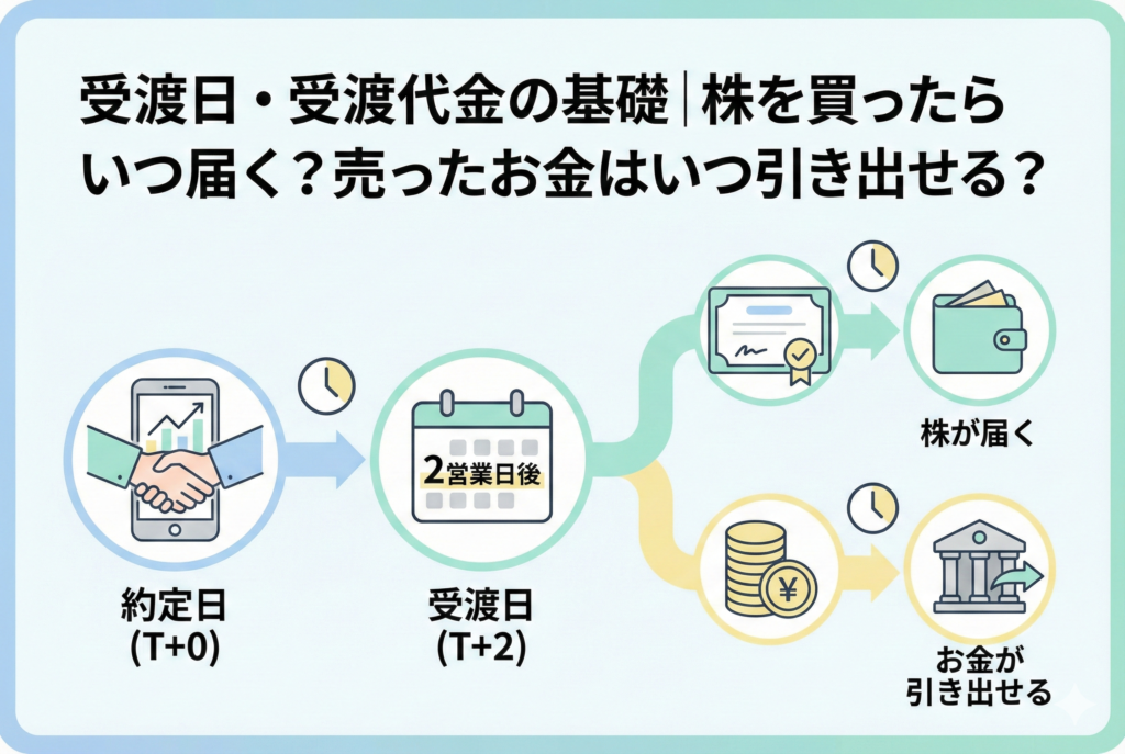 株式投資の「約定日（T+0）」から「受渡日（T+2）」までの流れを説明したフローチャート。約定後に2営業日の待機期間を経て、株の受け取りとお金の引き出しが可能になるプロセスをカレンダーとアイコンで視覚化している。