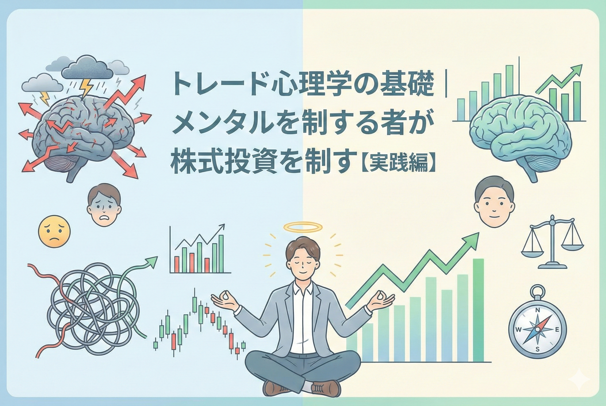 「トレード心理学の基礎｜メンタルを制する者が株式投資を制す【実践編】」というタイトルが入ったアイキャッチ画像。左側には混乱や恐怖を表す荒れた脳のイラスト、右側には冷静さと成長を表す整った脳のイラストを配置。中央で投資家が冷静に座禅を組み、感情をコントロールして相場に向き合う様子を描いた、清潔感のある精緻なデザイン。