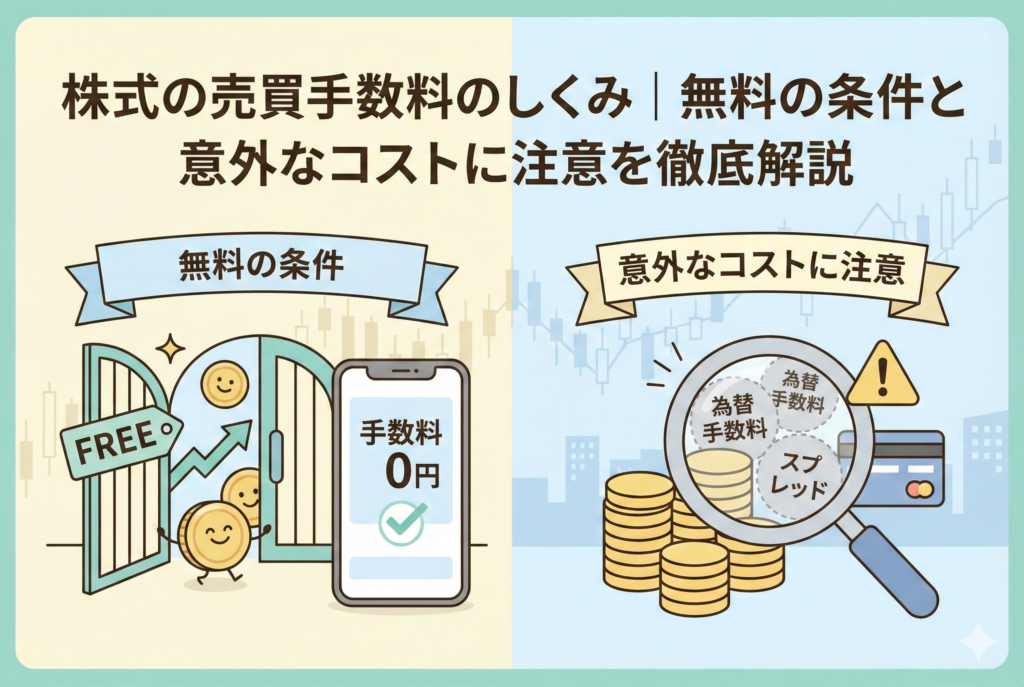 株式売買手数料の「無料の条件」と「注意すべき意外なコスト」を対比させた図解イラスト。左側には手数料0円を示すスマホ画面、右側には虫眼鏡でスプレッドや為替手数料などの隠れたコストを確認する様子が描かれています。