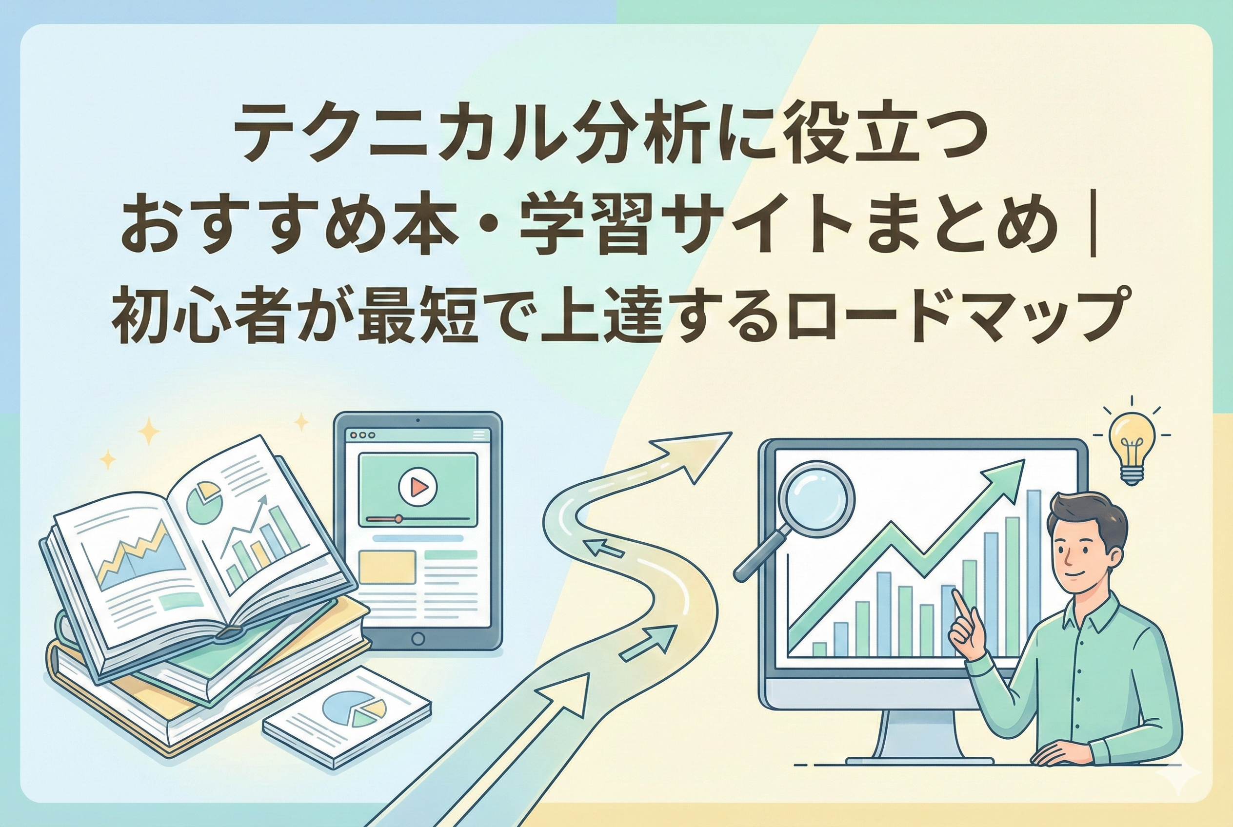 「テクニカル分析に役立つおすすめ本・学習サイトまとめ|初心者が最短で上達するロードマップ」というタイトルが中央に配置され、左側に積み上げられた専門書や学習用タブレットから、右側のチャートを分析して理解を深める投資家へと続く、成長のロードマップを描いたイラスト。