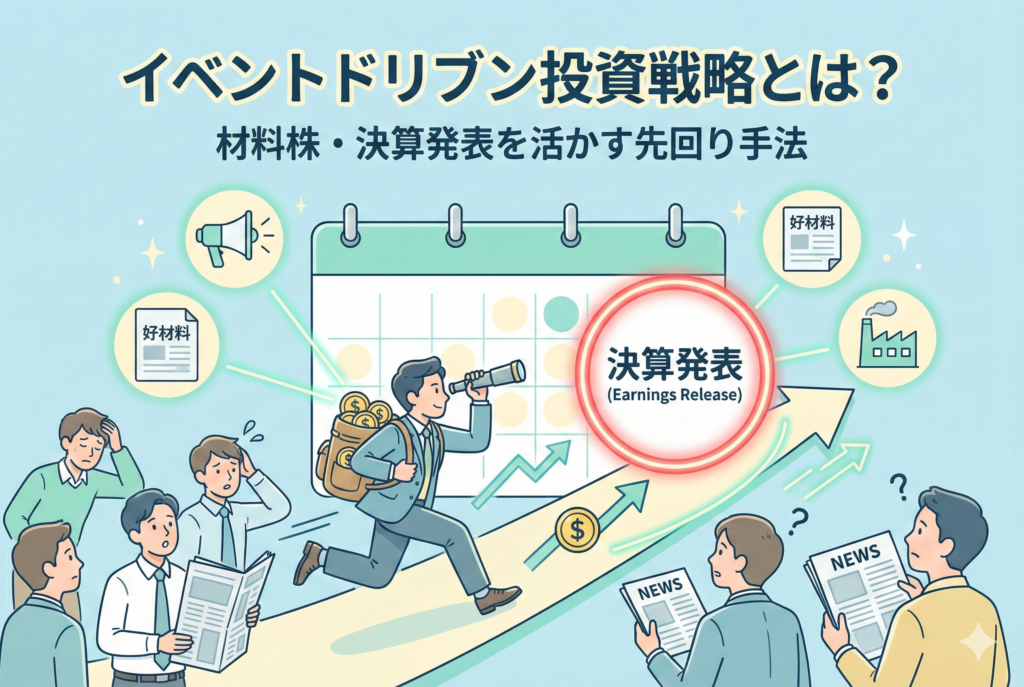 イベントドリブン投資戦略の仕組みを解説するアイキャッチ画像。タイトル文字「イベントドリブン投資戦略とは？材料株・決算発表を活かす先回り手法」。カレンダー上の「決算発表」というイベントに向けて、望遠鏡とお金の袋を持った賢い投資家が他の投資家よりも先に走り出し、上昇気流に乗っている様子をイラストで表現しています。