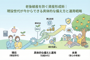 「老後破産を防ぐ資産形成術」というタイトルのアイキャッチ画像。左側でお金に悩む現役世代の夫婦が、中央の「新NISA」「iDeCo」「積立投資」「家計見直し」という歯車の仕組みを通じて右肩上がりの成長軌道に乗り、右側で豊かなリンゴの木の下で安心してくつろぐ老夫婦の未来へとつながる様子を描いた、分かりやすい図解イラスト。