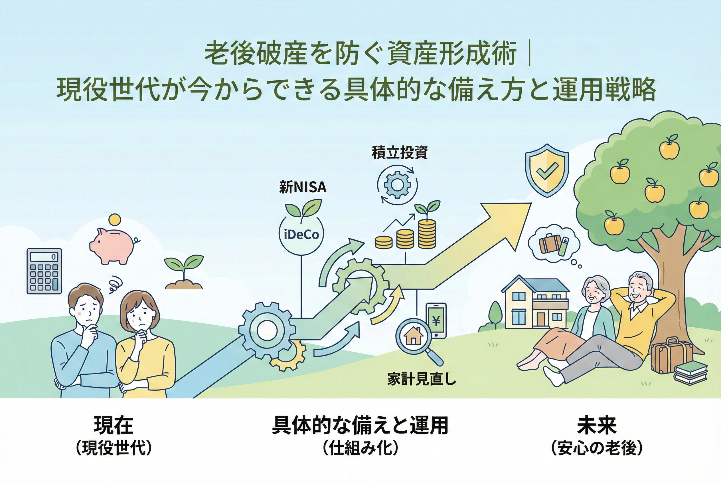 「老後破産を防ぐ資産形成術」というタイトルのアイキャッチ画像。左側でお金に悩む現役世代の夫婦が、中央の「新NISA」「iDeCo」「積立投資」「家計見直し」という歯車の仕組みを通じて右肩上がりの成長軌道に乗り、右側で豊かなリンゴの木の下で安心してくつろぐ老夫婦の未来へとつながる様子を描いた、分かりやすい図解イラスト。