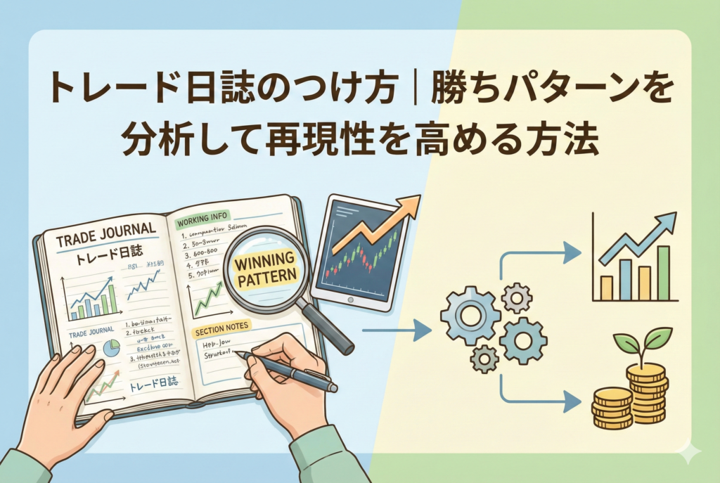 「トレード日誌のつけ方|勝ちパターンを分析して再現性を高める方法」というタイトルが入ったアイキャッチ画像。ノートに書かれた記録を虫眼鏡で分析し、歯車のように仕組み化することで、グラフやコイン(資産)が増えていくプロセスを描いた清潔感のあるイラスト。