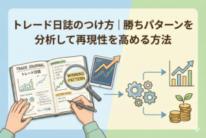 「トレード日誌のつけ方｜勝ちパターンを分析して再現性を高める方法」というタイトルが入ったアイキャッチ画像。ノートに書かれた記録を虫眼鏡で分析し、歯車のように仕組み化することで、グラフやコイン（資産）が増えていくプロセスを描いた清潔感のあるイラスト。