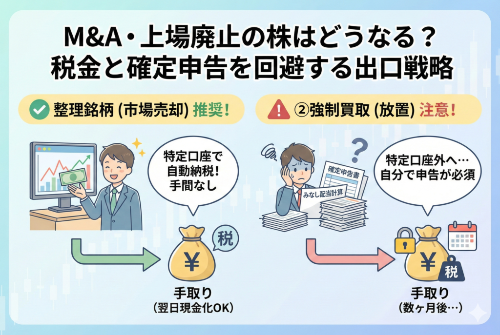 上場廃止が決まった株の出口戦略を比較したイラスト。左側の「整理銘柄(市場売却)」ルートでは、男性が特定口座での自動納税により手間なく翌日現金化できる様子を描き「推奨」としている。右側の「強制買取(放置)」ルートでは、男性が複雑な「みなし配当計算」や「確定申告書」に頭を抱え、現金化が数ヶ月後になる様子を描き「注意」と警告している。