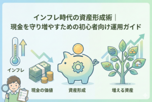 「インフレ時代の資産形成術｜現金を守り増やすための初心者向け運用ガイド」というタイトルのアイキャッチ画像。上昇するインフレと目減りする現金の価値を対比させ、中央の貯金箱から、世界株式、金、不動産などのアイコンが実った「増える資産の樹」へと成長していく様子を描いた清潔感のある図解イラスト。