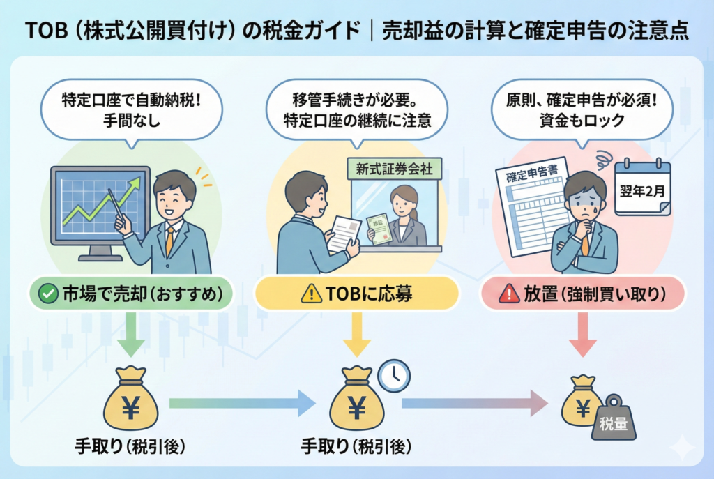 TOB(株式公開買付け)が発生した際の3つの出口戦略を比較したイラスト。左の「市場で売却(おすすめ)」は、特定口座で自動納税され手間がない様子を、中央の「TOBに応募」は、別の証券会社への移管手続きが必要な様子を、右の「放置(強制買い取り)」は、確定申告が必須となり資金もロックされるリスクを図解している。下部にはそれぞれのルートにおける税引き後の手取り額のイメージが添えられている。